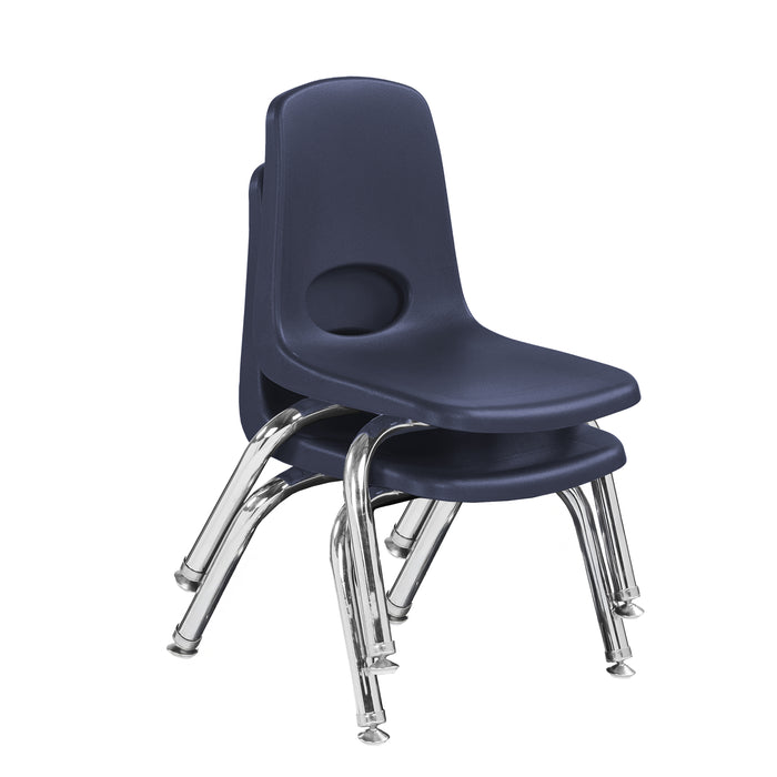 Two navy blue chairs with chrome legs stacked together on a white background