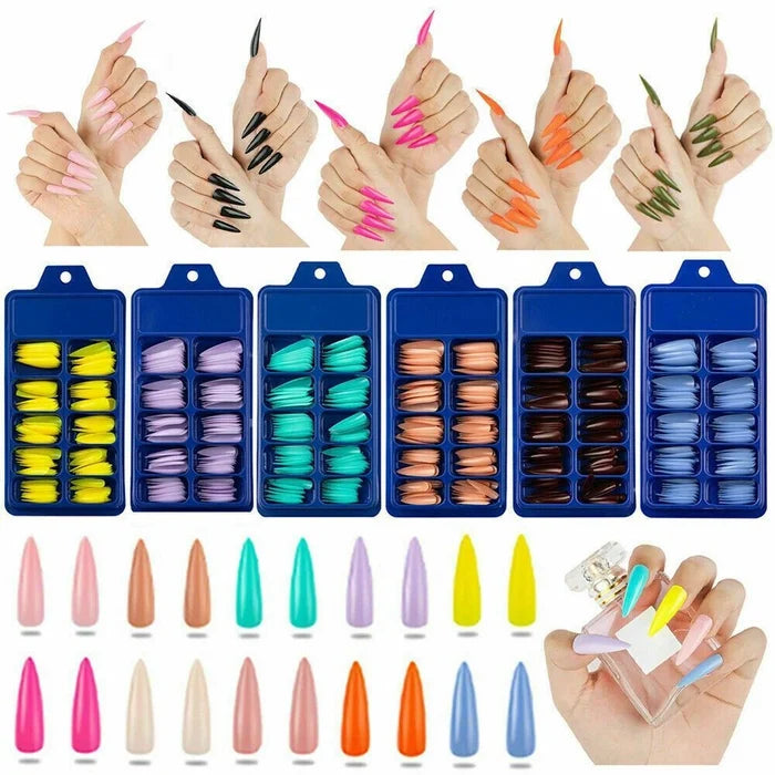 Nail color set display showing multiple blue trays of artificial nail tips in assorted shades, with sample nail tips arranged below, and hands demonstrating the nails applied in different colors on a white background.