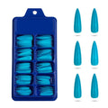 A blue plastic nail tip tray holding multiple stacks of bright turquoise-blue nail tips, shown next to six individual matching nail tips on a white background.