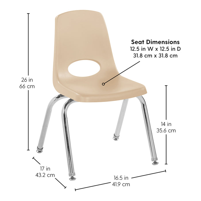 Beige chair with dimensions labeled on a white background