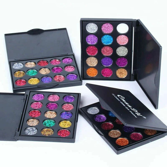 15 Color Glitter Eyeshadow Palette featuring Kit 01 fine shimmer shades and Kit 02 chunky sparkle shades for glam and festival makeup looks