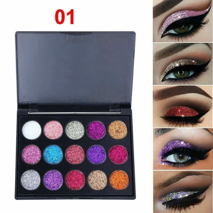 Fine glitter metallic eyeshadow palette with pink, purple, silver, blue, gold and copper shimmer shades