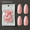 Four pink press-on nails displayed next to a clear plastic bag containing additional pink press-on nails, with the text 'LAMTSCF-04' in the top left corner, set against a dark gray textured background.