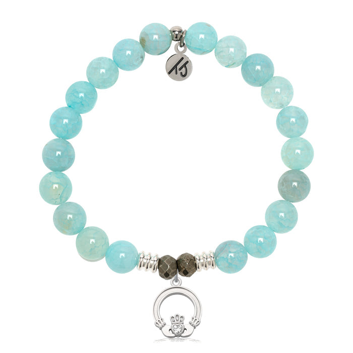 Aqua Fire Agate Gemstone Bracelet with Claddagh Sterling Silver Charm