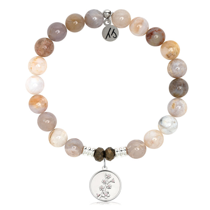 Australian Agate Gemstone Bracelet with Cherry Blossom Sterling Silver Charm