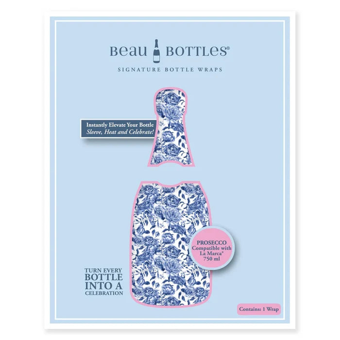 Blue Porcelain Roses Prosecco Bottle Wrap