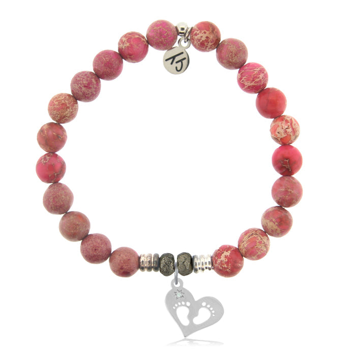 Cranberry Jasper Gemstone Bracelet with Baby Feet Sterling Silver Charm