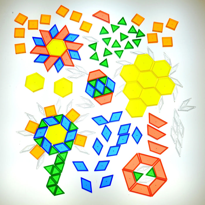Colorful geometric shapes arranged in a decorative pattern on a white background