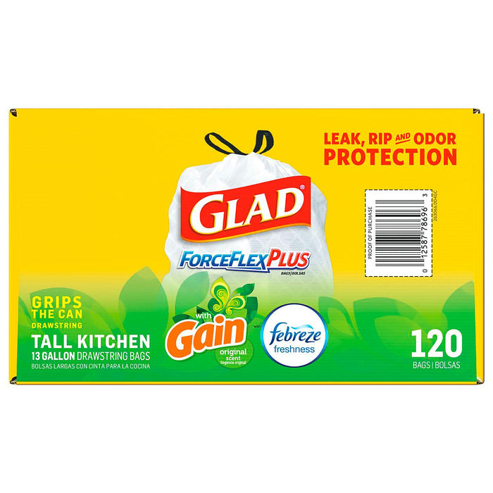 Glad® Tall Kitchen Drawstring Trash Bags – ForceFlexPlus™ 13 Gallon White Trash Bag, Gain Original with Febreze Freshness – 150 Count