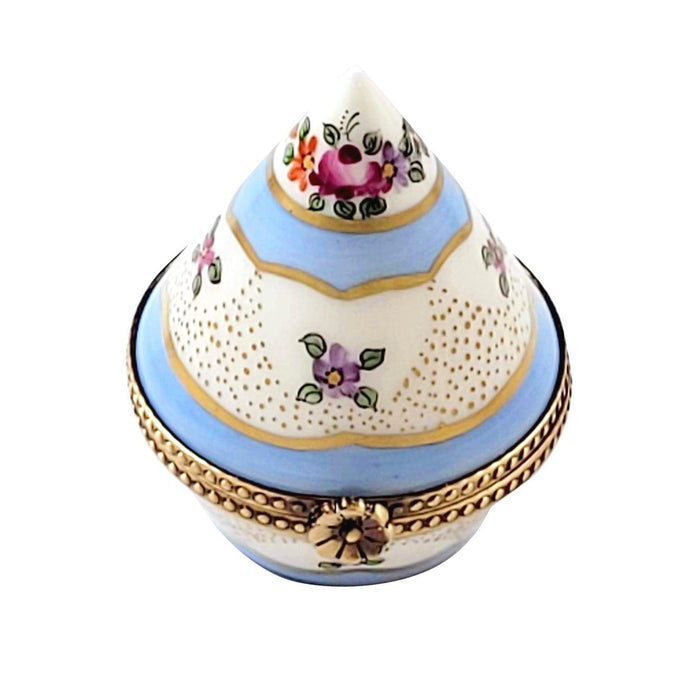 Floral Light Blue & Gold Cone Shape Porcelain Limoges traditional French Trinket Box