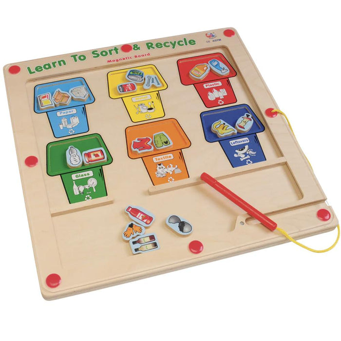 Wooden educational toy with colorful sorting compartments and magnetic items on a white background.