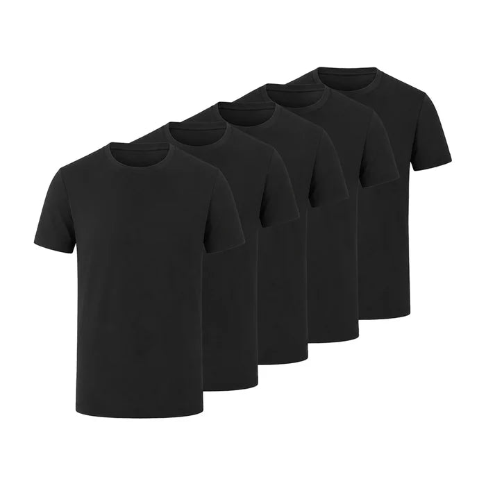 Five plain black short-sleeve crew-neck T-shirts arranged in a staggered row on a white background.