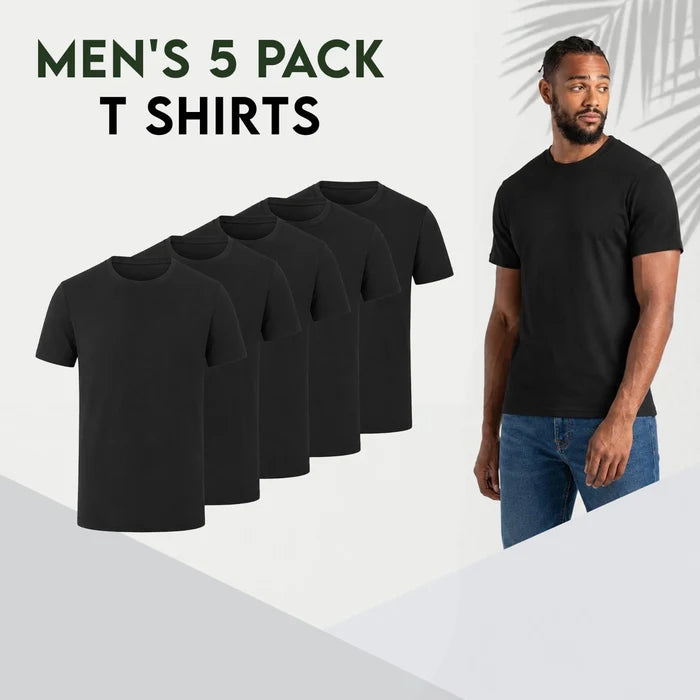 Five plain black short-sleeve crew-neck T-shirts arranged in a staggered row on a white