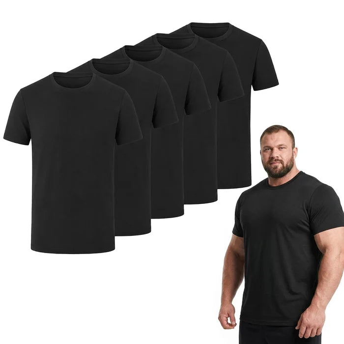Five black short-sleeve crew-neck t-shirts are shown in a staggered overlapping arrangement on the left, with a muscular man wearing a black t-shirt on the lower right against a plain white background.