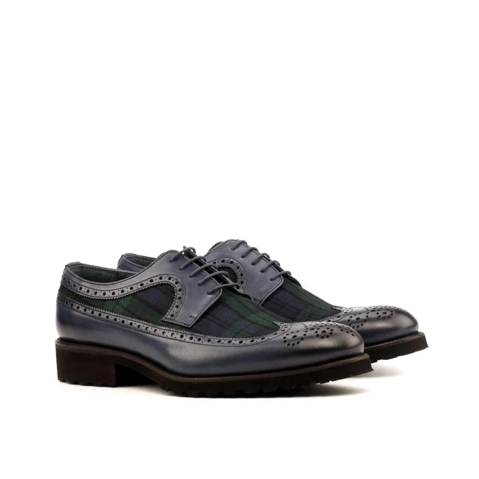 Pair of blue leather plaid Nakoda Longwing Blucher II wingtip shoes