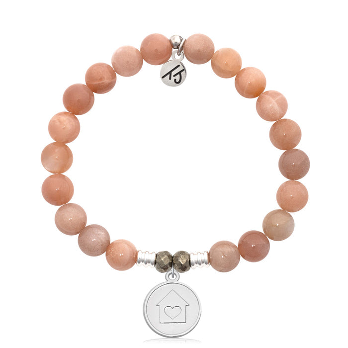 Peach Moonstone Gemstone Bracelet with Home is Where the Heart Is Sterling Silver Charm