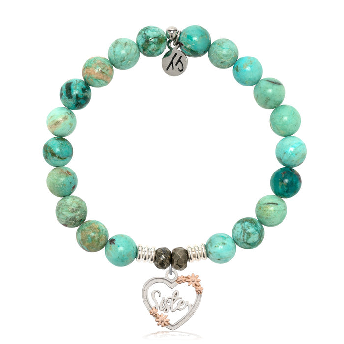 Peruvian Turquoise Gemstone Bracelet with Heart Sister Sterling Silver Charm