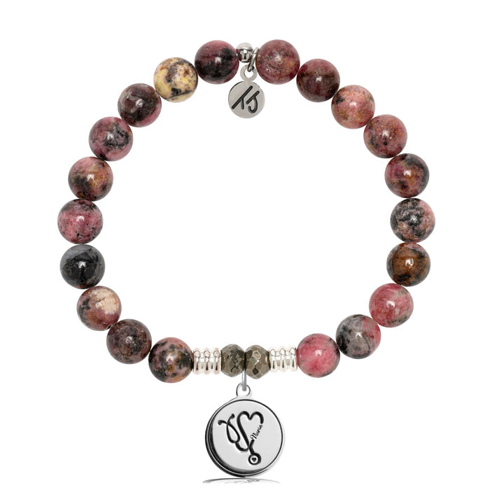 Pink Rhodonite Gemstone Bracelet with Nurse Sterling Silver Charm