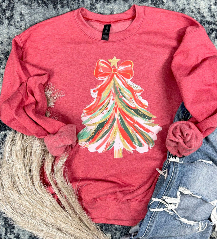 Red Sweatshirt {WATERCOLOR GLITTER PAINTED CHRISTMAS TREE} Crew Neck Sweatshirt