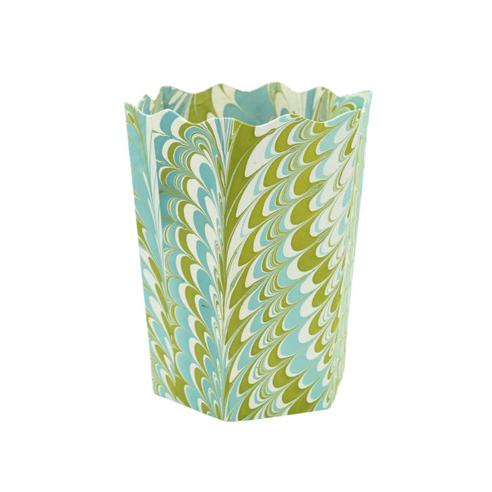Scallop Waste Bin Hand-Marbled in Green/Robin Blue