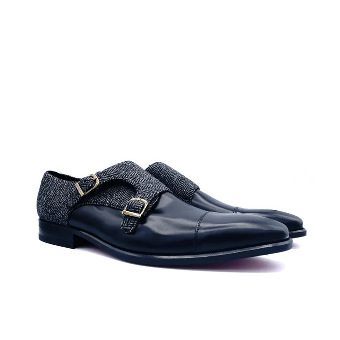 SW20 Double Monk II black leather and tweed monk strap shoes