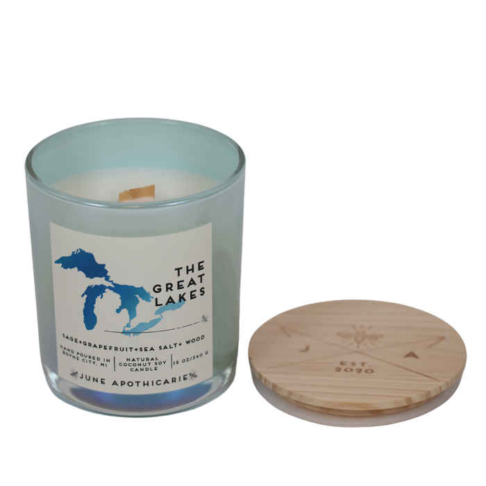 The Great Lakes 12 oz Glass  Wooden Wick Candle