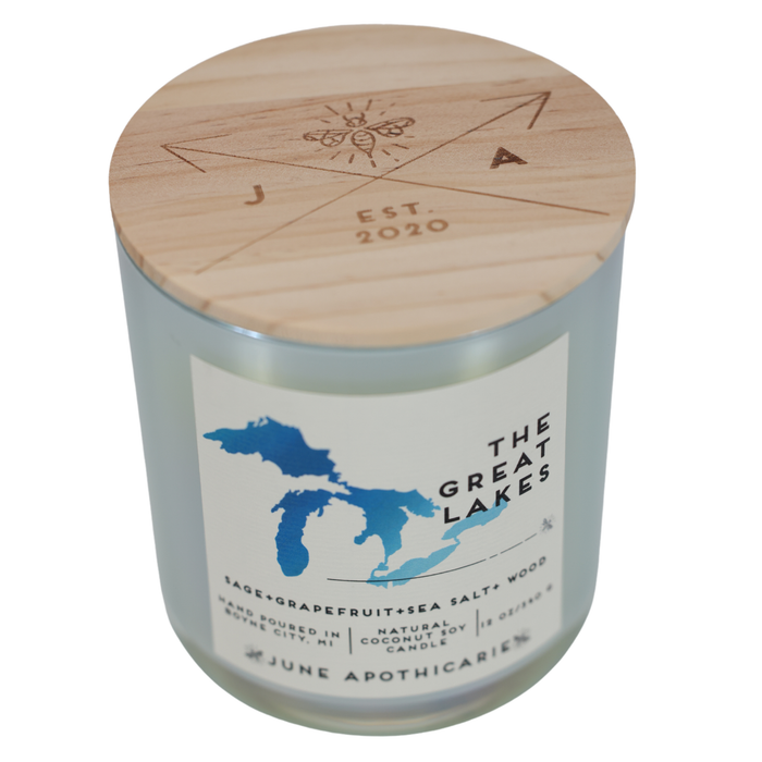 The Great Lakes 12 oz Glass  Wooden Wick Candle
