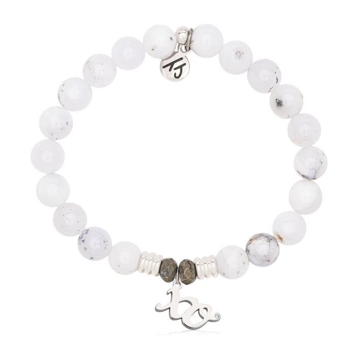 White Chalcedony Gemstone Bracelet with XO Sterling Silver Charm