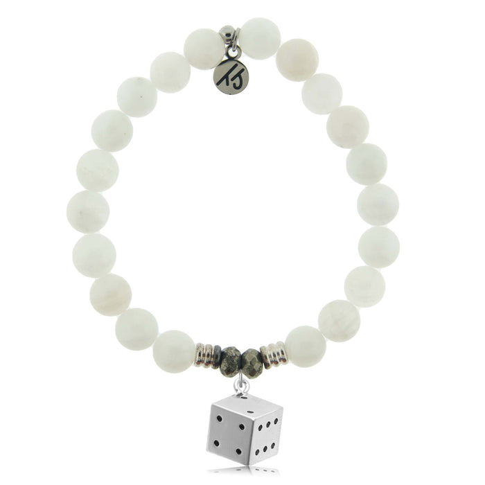 White Moonstone Gemstone Bracelet with Lucky Dice Sterling Silver Charm