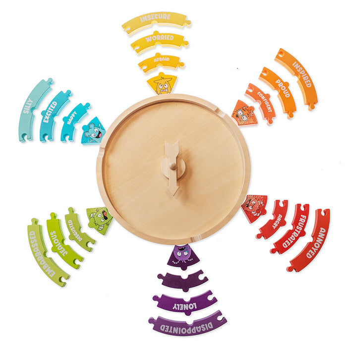 Wooden spinner with colorful labels on a white background