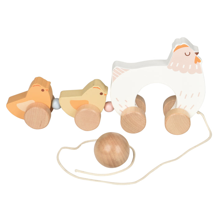 Wooden pull toy with a chicken and three chicks on a white background